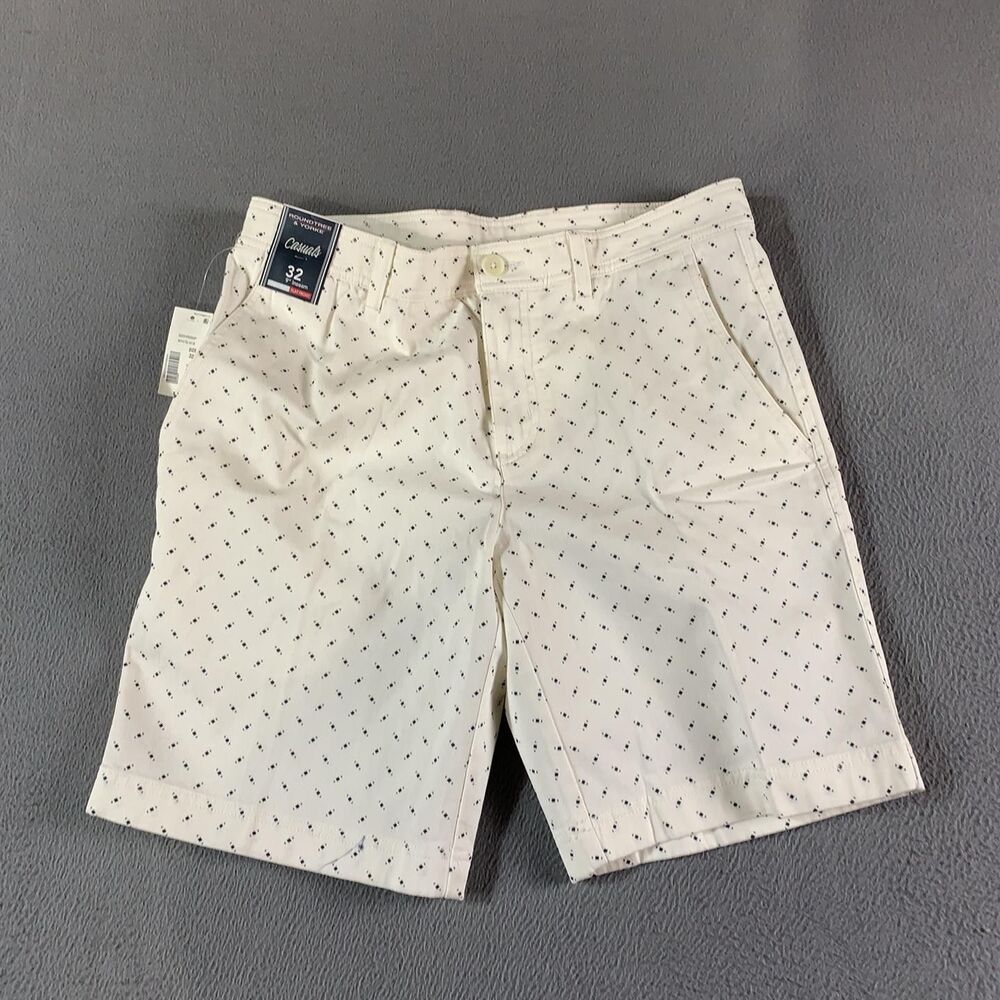 Roundtree & Yorke Shorts Mens 32 White Pattern Chino Stretch Flat Front 9 Inseam